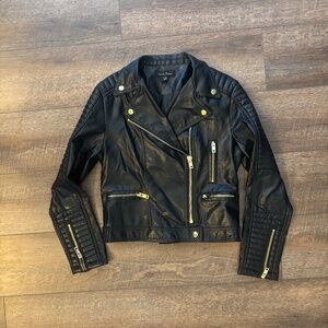 Vegan Leather Moto Biker Jacket Gold Zippers Sz S LIKE NEW